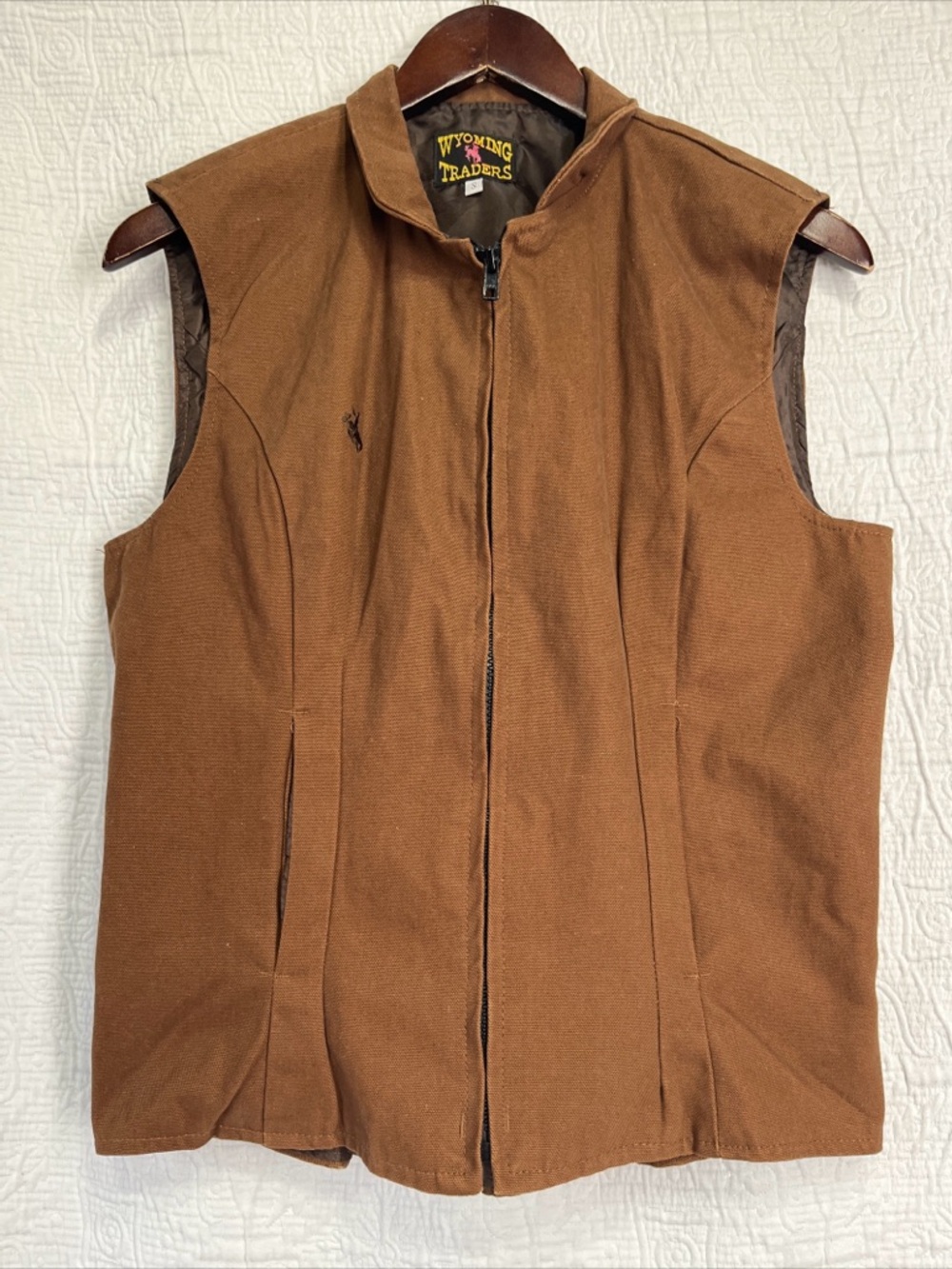 Wyoming Traders Vest Womens Small Brown Canvas Western Zip Up Elastic Waistcoat